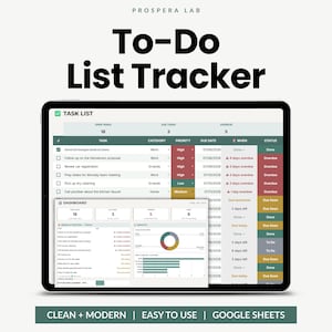 May include: A digital To-Do List Tracker by Prospera Lab displayed on a tablet screen. The interface features a task list with columns for category, priority, due date, and status, alongside a dashboard view with a donut chart and bar graphs.