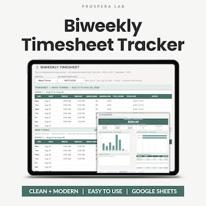 May include: A digital biweekly timesheet tracker template for Google Sheets displayed on a tablet screen. The interface features dark green headers, organized columns for time tracking, and a dashboard overlay with data charts and summary metrics.