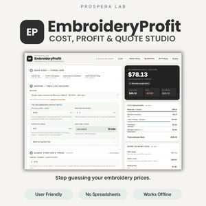 Op de afbeelding: Een digitale interface voor de software EmbroideryProfit Cost, Profit & Quote Studio. Het scherm toont velden voor machinetijd, kosten, steekaantal en een kostenoverzicht met een aanbevolen prijs van $78,13 per item.