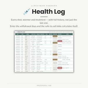 Pu&ograve; includere: Un modello di foglio di calcolo digitale per il registro sanitario del bestiame. L'intestazione recita Livestock Tracker Health Log. Include colonne per data, numero di tag, animale, tipo di evento, prodotto, dosaggio e note.