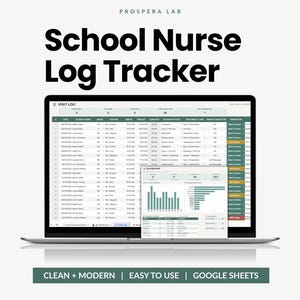 Puede incluir: Una pantalla de portátil que muestra una hoja de cálculo School Nurse Log Tracker de Prospera Lab. La interfaz presenta un registro de visitas con columnas para fecha, nombre del estudiante, grado, profesor, hora, duración, motivo y tratamiento.