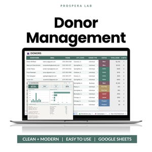May include: A laptop screen displaying a donor management spreadsheet with columns for donor name, email, phone, city, state, donor type, status, total given, and number of gifts. A dashboard overlay shows charts and financial data summaries.