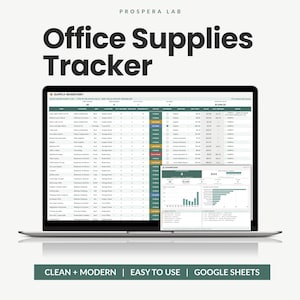 May include: A laptop screen displaying a Prospera Lab Office Supplies Tracker spreadsheet and dashboard. The interface features a supply inventory list with columns for item, category, status, and cost, alongside a graphical data summary.
