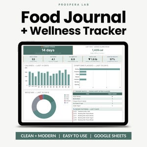 Voedingsdagboek, voedingsdagboek + symptoomtracker, calorieënlogboek, spreadsheet voor het bijhouden van voedselintoleranties en eliminatiediëten (Google Sheets)