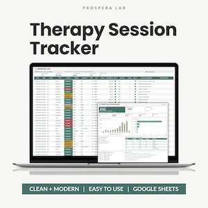 May include: A laptop screen displaying the Prospera Lab Therapy Session Tracker, featuring a detailed session log spreadsheet and a practice dashboard with data charts, financial summaries, and client notes in a clean, organized digital interface.