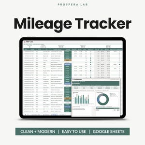 Peut inclure: Un tableur numérique de suivi kilométrique affiché sur l'écran d'une tablette. L'interface présente un journal de trajet avec des colonnes pour la date, le véhicule, l'objet et le kilométrage, ainsi qu'un tableau de bord avec des graphiques.
