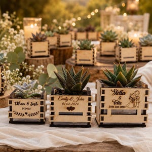May include: Three square wooden planters containing succulents, each featuring laser-engraved text and designs. The left planter reads Ethan & Josh 24.09.22, the center reads Emily & John 01.02.2024, and the right reads Stella & Felix 21st Jan 2024.