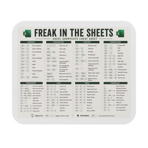 May include: White rectangular mousepad with rounded corners. The mousepad features the text "FREAK IN THE SHEETS" and an Excel shortcuts cheat sheet. The cheat sheet includes shortcuts for general, navigation, editing, formatting, worksheet, data, view, and formulas.