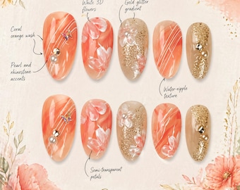 10 handgemaakte plaknagels | Coral Flora | HEMA-vrij | Herbruikbaar | Elaréa Nails