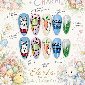 Op de afbeelding: Een geïllustreerd ontwerp voor paas-nagelkunst, met verschillende nagelvormen met handgeschilderde paasei-patronen, konijnenontwerpen en bloemaccenten. Het ontwerp bevat de tekst "Easter Charm" en "Elaréa Nails Spring Easter Garden."
