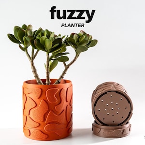 May include: An orange planter with a textured pattern, holding a green succulent plant. The planter is cylindrical and sits next to a disassembled brown planter. The text "fuzzy PLANTER" is at the top.