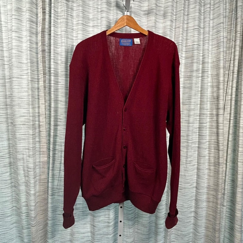 Cardigan Pendleton da uomo in pura lana vergine al 100%, colore bordeaux, taglia L, prodotto negli Stati Uniti, stile vintage. immagine 1