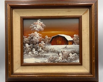 Woodson Original Ölgemälde Winterlandschaft Rote Scheune gerahmt 8x10 Vintage