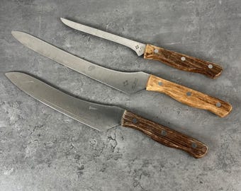 Vintage Japanese 400C Gold 3 Stainless Steel Knife Set 3pc Wood Handle Japan