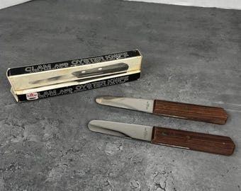 Vintage Alfred E Knobler Muschel, Austernmesser 2er Set Holzgriff Japan Made MCM