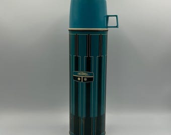 Vintage Thermos Quart Size Vacuum Bottle Teal Black Stripe Sun Snowflake Design