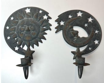 Vintage 1994 PartyLite Sun & Moon wandkandelaars 11" verdigris metalen hemelset