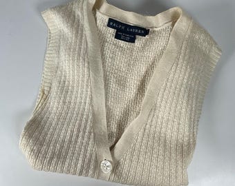 VTG Ralph Lauren Creme Leinen Seide Gerippt Strick Longline-Knopfleiste Weste Klein