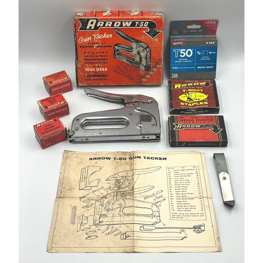 Tackeron Box Vintage Arrow T-50 Staple Gun Tacker Set W/ Original Box Manual ...