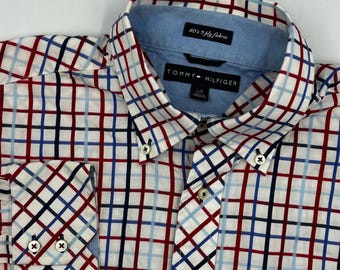 Tommy Hilfiger overhemd met knoopsluiting, rood, wit, blauw, herenmaat Large, jaren 80, 2-laags, vintage