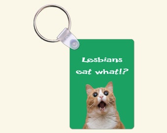 1.6 x 2.25 Inch Aluminum Keychain Lesbians eat what!