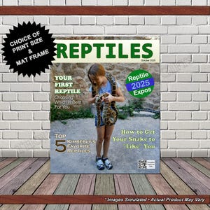 May include: A framed print of a magazine cover titled "REPTILES." The cover features a young person holding a snake. Text includes "Your First Reptile," "Top 5 Kimberly's Favorite Reptiles," and "Reptile 2025 Expos."