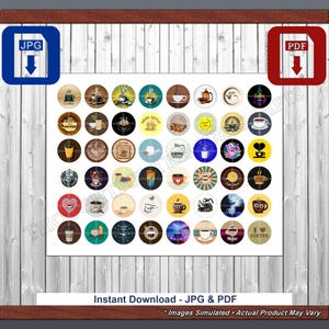 Peut inclure: Une feuille d'autocollants circulaires sur le thème du café, avec divers motifs, notamment des tasses à café, des grains et des images connexes. Les autocollants sont dans une variété de couleurs et de styles. Les mots "Coffee" et "Drink Coffee" sont visibles sur certains autocollants. Le texte "Instant Download - JPG & PDF" est également présent.