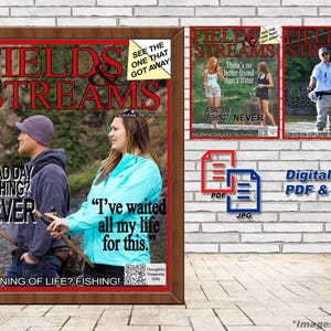 以下が含まれることがあります： 「フィールド＆ストリームズ」というタイトルの模擬雑誌の表紙。赤と白の文字で書かれたタイトル。表紙には釣りをしている2人の人物と「A bad day fishing? Never. Meaning of life? Fishing!」というテキストが書かれている。