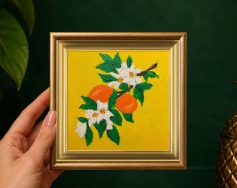 Italy oranges Original Oil Painting. Italy Mini wall Art Home Decor Small Handmade Artwork Framed 4x4