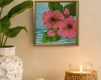Tropisches Blumen ursprüngliches Ölgemälde Küsten Miniwandkunst Florida Beach Cottage Dekor kleines handgemachtes Kunstwerk mit gerahmtem 4x4
