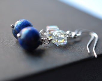 Lapis Lazuli Swarovski Crystal Sterling Silver Earrings, Dangle