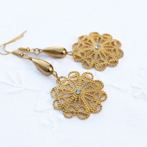 Golden Filigree Dangle Earrings with Swarovski Crystal Accents image 1