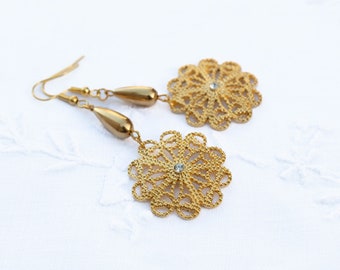 Golden Filigree Dangle Earrings with Swarovski Crystal Accents