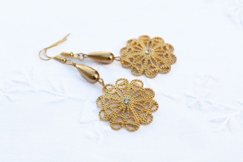 Golden Filigree Dangle Earrings with Swarovski Crystal Accents image 1