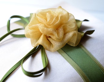 Wedding Ring Bearer Pillow - Golden Champagne, Green Ribbon, Traditional Wedding, Page Boy Ring Bearer Pillow