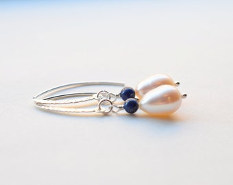 Pearl and Lapis Sterling Silver Wire Wrapped Dangle Earrings, Genuine Gemstone Earrings