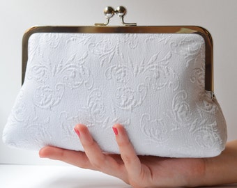 Bridal Pure White Formal Clutch Bag with Chain Handle, Embossed Roses Patterned, bridal accessory, wedding day, bridesmaid gift