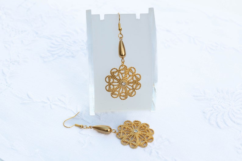 Golden Filigree Dangle Earrings with Swarovski Crystal Accents image 3