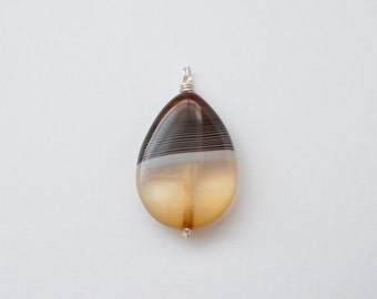 Striped Agate Pendant, Agate Jewelry, Wire Wrapped Gemstone Pendant, Cream Brown Unique OOAK Stone