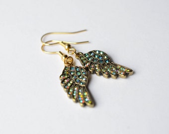 Bird Wings Earrings - Peacock Rhinestones Gold Plated Sparkling Dangle Earrings