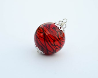 Red Black Stripes Lampwork Glass Pendant, Premium Czech Glass Lampwork Charm