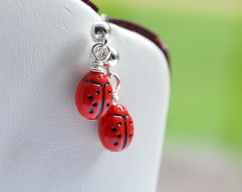 Ladybug Czech Glass Sterling Silver Dangle Earrings, Red Lady Bug Stud Earrings