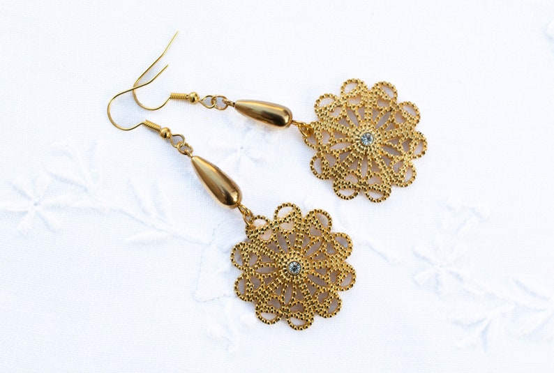 Golden Filigree Dangle Earrings with Swarovski Crystal Accents image 2