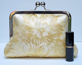 Golden Clutch Bag, Brocade Kisslock Frame Clutch, Cosmetic Pouch, Wedding Accessory, Bridesmaids Gift