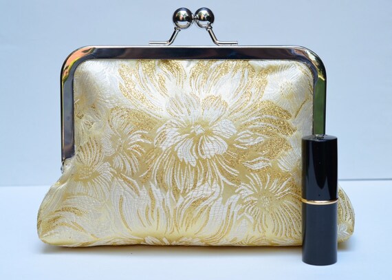 Golden Clutch Bag, Brocade Kisslock Frame Clutch, Cosmetic Pouch