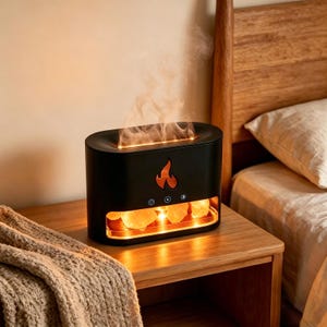 May include: A black, oval-shaped essential oil diffuser featuring a flame-shaped icon on the front, three circular control buttons, and a lower transparent compartment containing glowing, amber-coloured salt rocks emitting a mist of vapour.