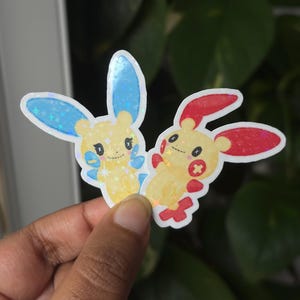 plusle minun holographic vinyl sticker set | waterproof, cute stickers, laptop, journal, planners, phone case, water bottle, pokemon