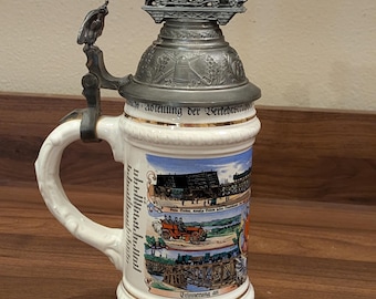 Vintage Gerzit West Germany Militär Eisenbahn Bierkrug mit Lokomotive Zinn