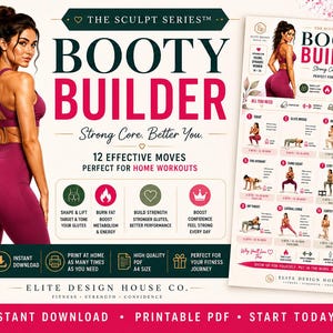 Op de afbeelding: Een digitale fitnessgids genaamd Booty Builder met 12 effectieve thuisoefeningen. Het document bevat een afbeelding van een persoon in bordeauxrode sportkleding, instructieve oefenschema's en tekst over kracht- en fitnessdoelen.