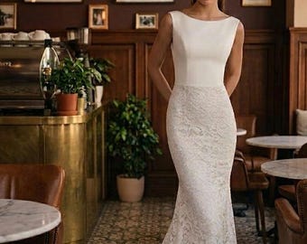 Élégante robe de mariée sirène en dentelle blanche, robe de mariée à encolure bateau, robe de mariée moderne élégante et intemporelle | Anggrek